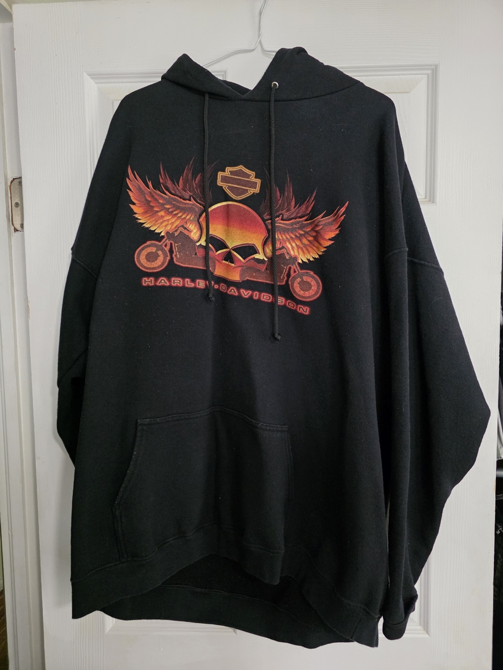 Harley-Davidson Black Hoodie with Orange and Red Winged Skull Graphic